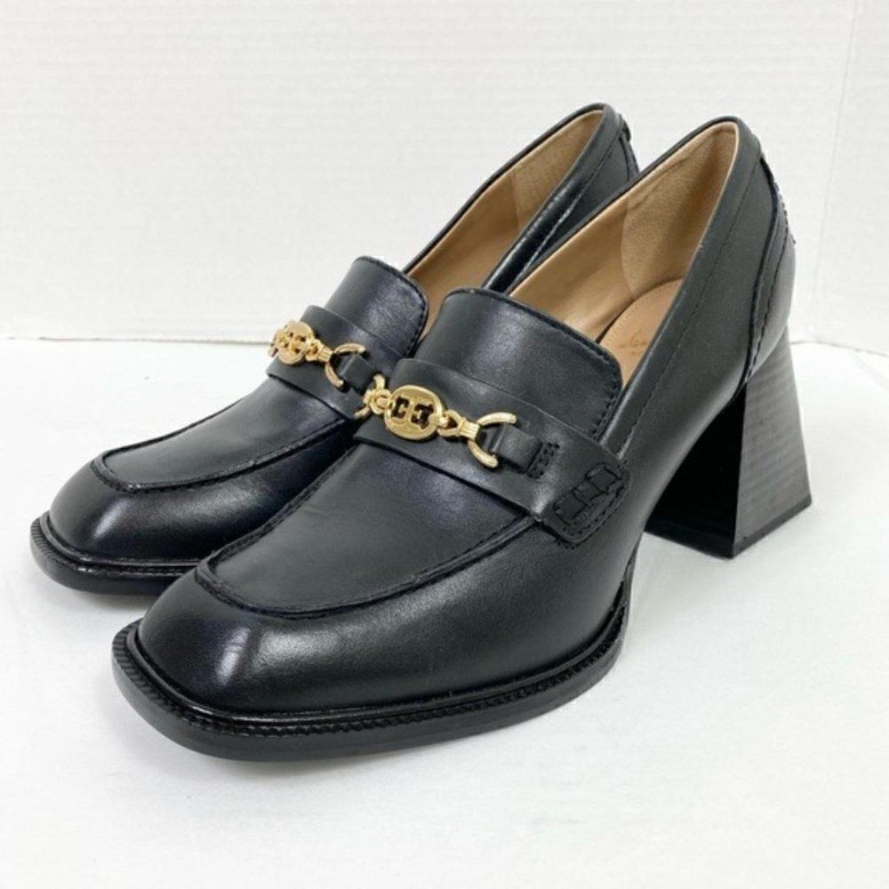 Sam Edelman New York Quincy Black Leather Horse Bit Square Heeled Loafers